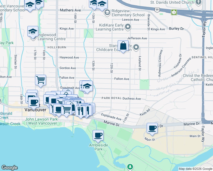 map of restaurants, bars, coffee shops, grocery stores, and more near 1225 Esquimalt Avenue in West Vancouver
