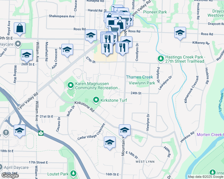map of restaurants, bars, coffee shops, grocery stores, and more near 2304 Emery Court in North Vancouver