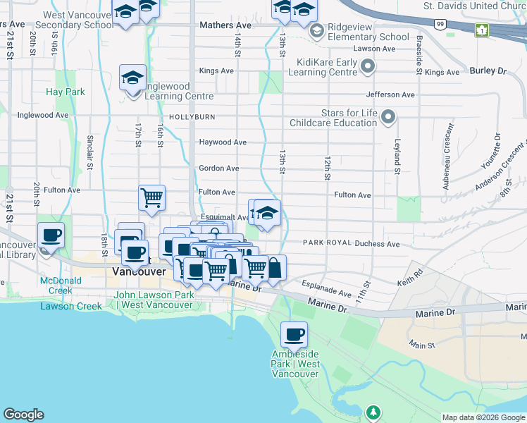map of restaurants, bars, coffee shops, grocery stores, and more near 1337 Esquimalt Avenue in West Vancouver
