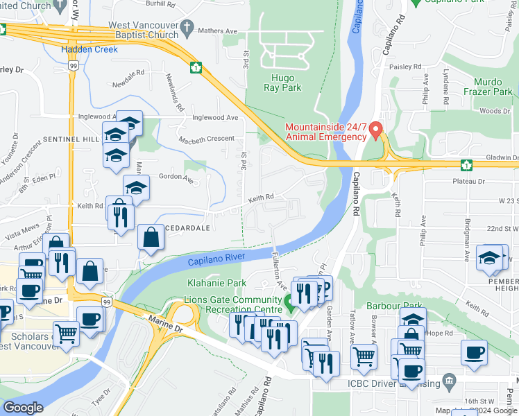 map of restaurants, bars, coffee shops, grocery stores, and more near 2016 Fullerton Avenue in North Vancouver