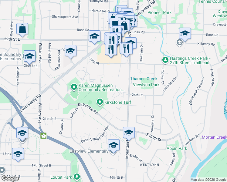 map of restaurants, bars, coffee shops, grocery stores, and more near 2385 Emery Court in North Vancouver
