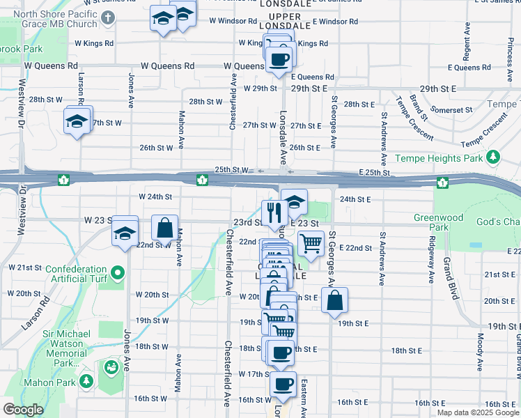 map of restaurants, bars, coffee shops, grocery stores, and more near 2324 Western Avenue in North Vancouver