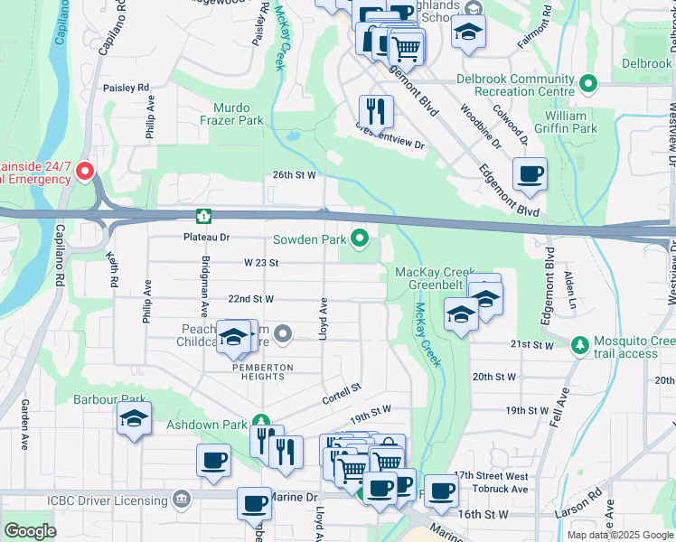 map of restaurants, bars, coffee shops, grocery stores, and more near 1081 West 23 Street in North Vancouver