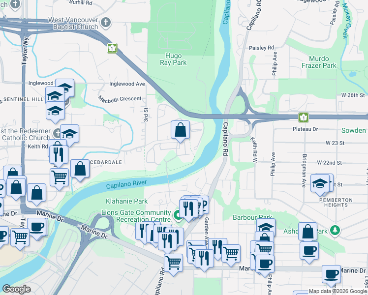 map of restaurants, bars, coffee shops, grocery stores, and more near 2008 Fullerton Avenue in North Vancouver