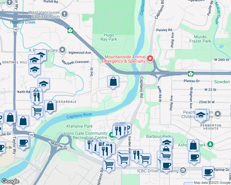 map of restaurants, bars, coffee shops, grocery stores, and more near 2008 Fullerton Avenue in North Vancouver