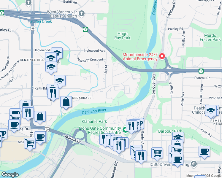 map of restaurants, bars, coffee shops, grocery stores, and more near 2016 Fullerton Avenue in North Vancouver