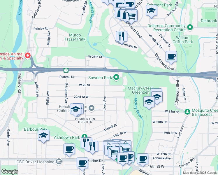 map of restaurants, bars, coffee shops, grocery stores, and more near 1081 West 23 Street in North Vancouver