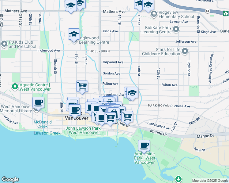 map of restaurants, bars, coffee shops, grocery stores, and more near 1425 Esquimalt Avenue in West Vancouver