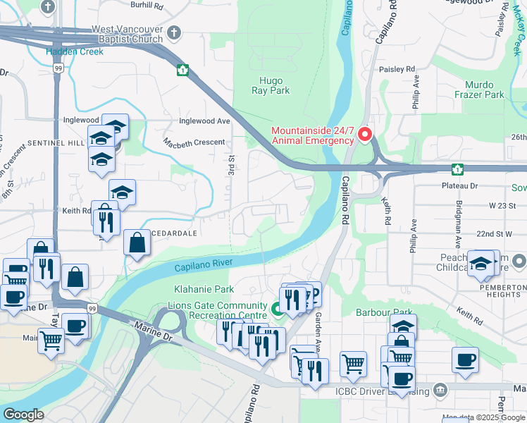map of restaurants, bars, coffee shops, grocery stores, and more near 2012 Fullerton Avenue in North Vancouver