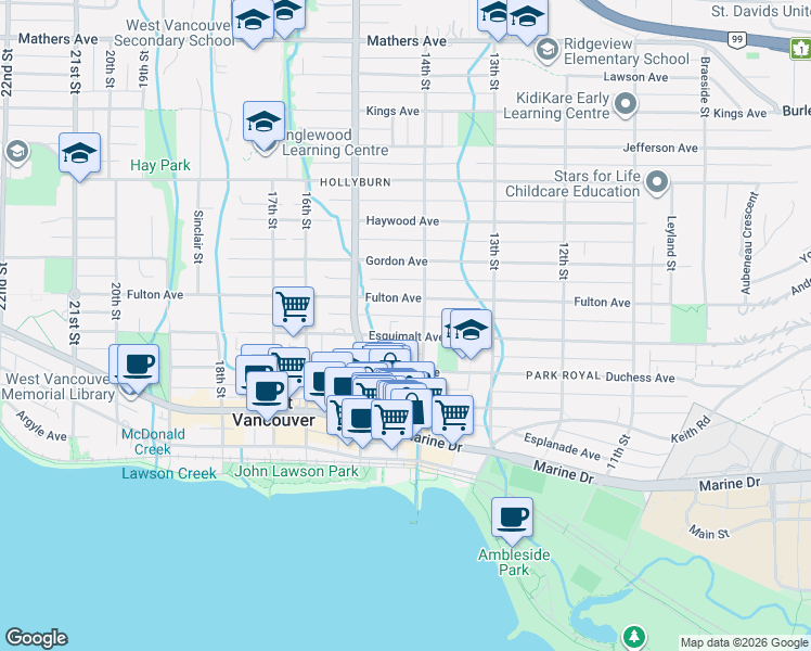 map of restaurants, bars, coffee shops, grocery stores, and more near in West Vancouver