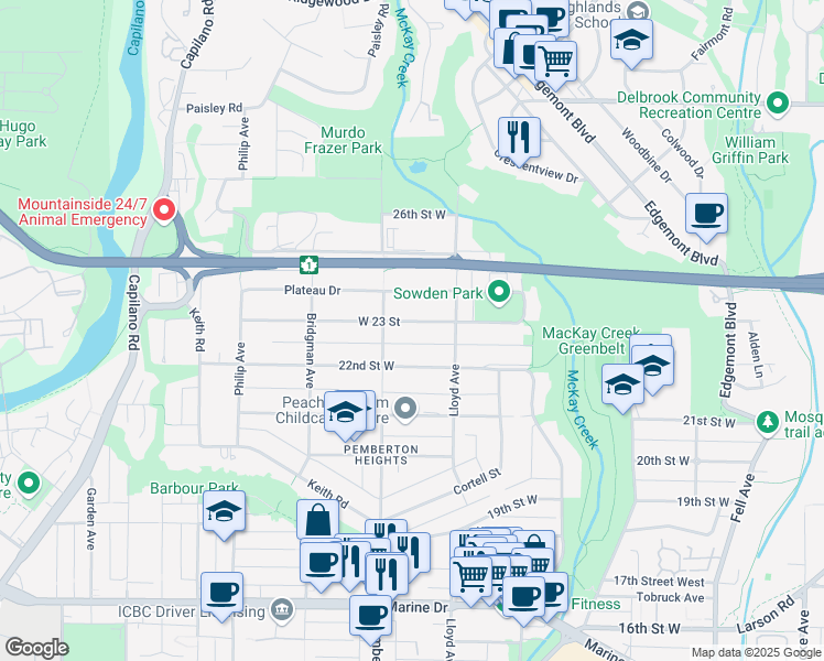 map of restaurants, bars, coffee shops, grocery stores, and more near 1157 West 23 Street in North Vancouver