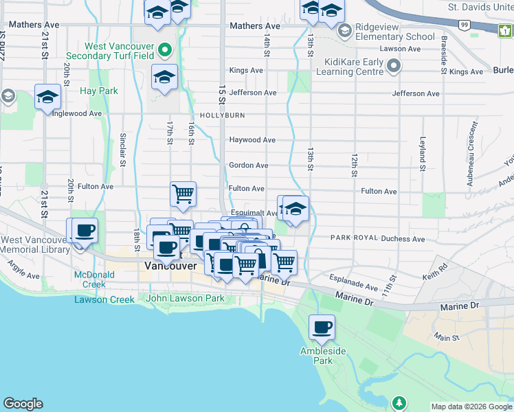map of restaurants, bars, coffee shops, grocery stores, and more near 1425 Esquimalt Avenue in West Vancouver