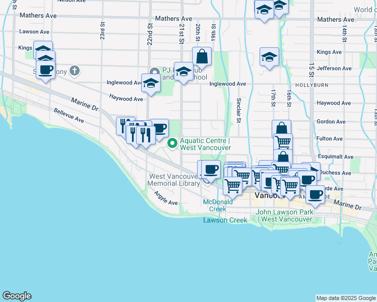 map of restaurants, bars, coffee shops, grocery stores, and more near 2075 Esquimalt Avenue in West Vancouver