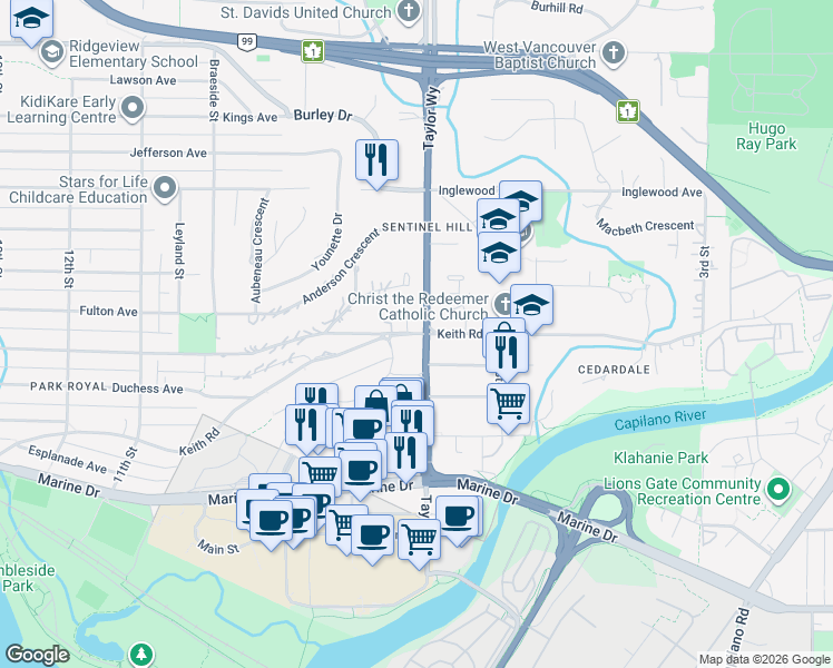 map of restaurants, bars, coffee shops, grocery stores, and more near Keith Road in Metro Vancouver
