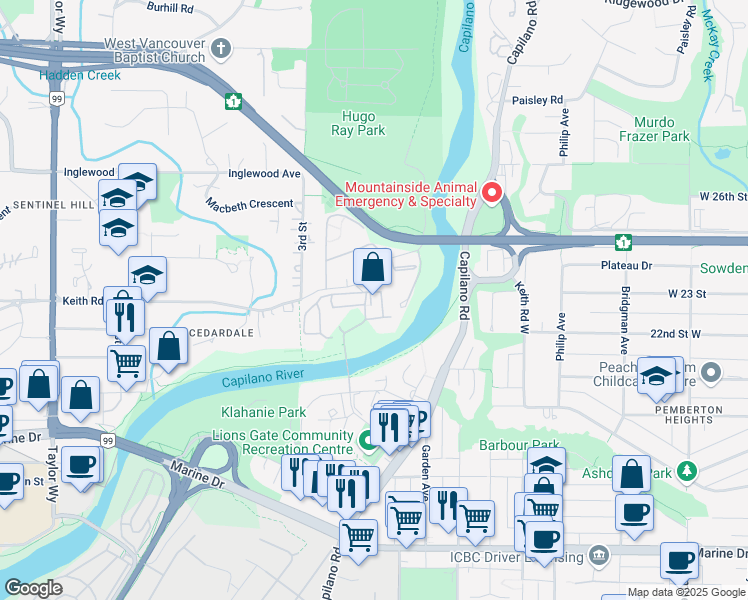 map of restaurants, bars, coffee shops, grocery stores, and more near 2008 Fullerton Avenue in North Vancouver