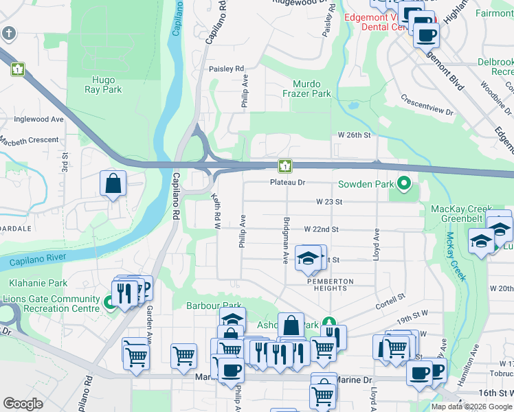 map of restaurants, bars, coffee shops, grocery stores, and more near 1383 West 23 Street in North Vancouver
