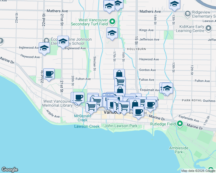 map of restaurants, bars, coffee shops, grocery stores, and more near 1745 Esquimalt Avenue in West Vancouver