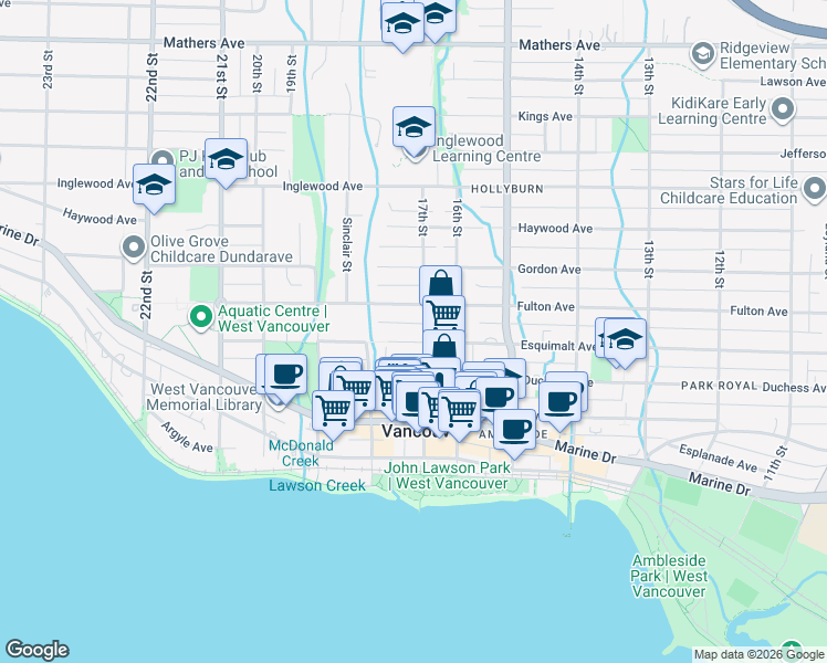 map of restaurants, bars, coffee shops, grocery stores, and more near 1740 Esquimalt Avenue in West Vancouver