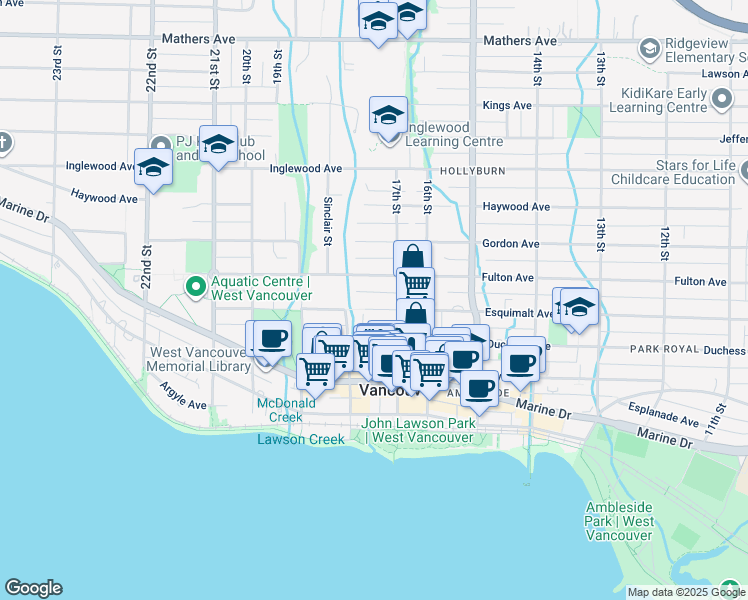 map of restaurants, bars, coffee shops, grocery stores, and more near 680 17th Street in West Vancouver