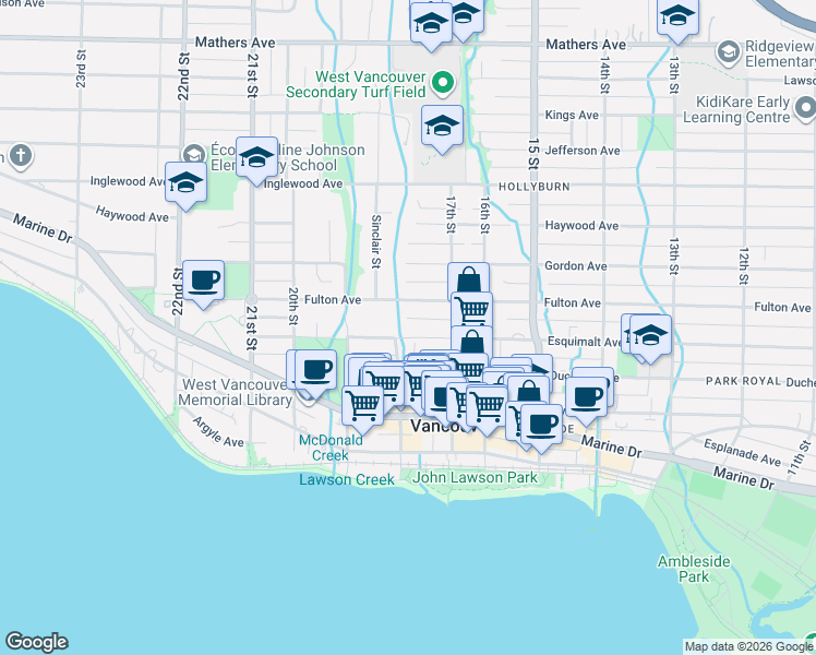 map of restaurants, bars, coffee shops, grocery stores, and more near 1785 Esquimalt Avenue in West Vancouver