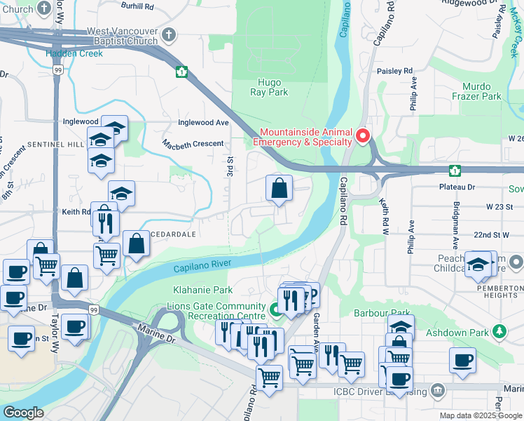map of restaurants, bars, coffee shops, grocery stores, and more near 2012 Fullerton Avenue in North Vancouver