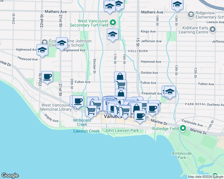 map of restaurants, bars, coffee shops, grocery stores, and more near 1740 Esquimalt Avenue in West Vancouver