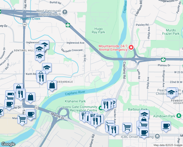 map of restaurants, bars, coffee shops, grocery stores, and more near 2016 Fullerton Avenue in North Vancouver