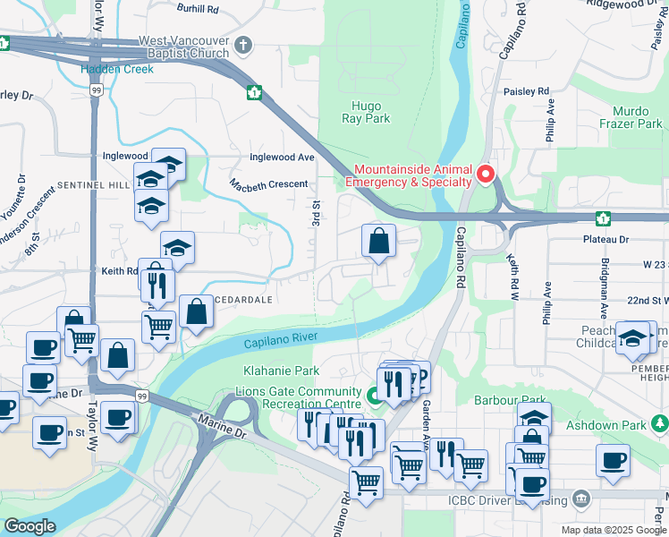 map of restaurants, bars, coffee shops, grocery stores, and more near 2016 Fullerton Avenue in West Vancouver