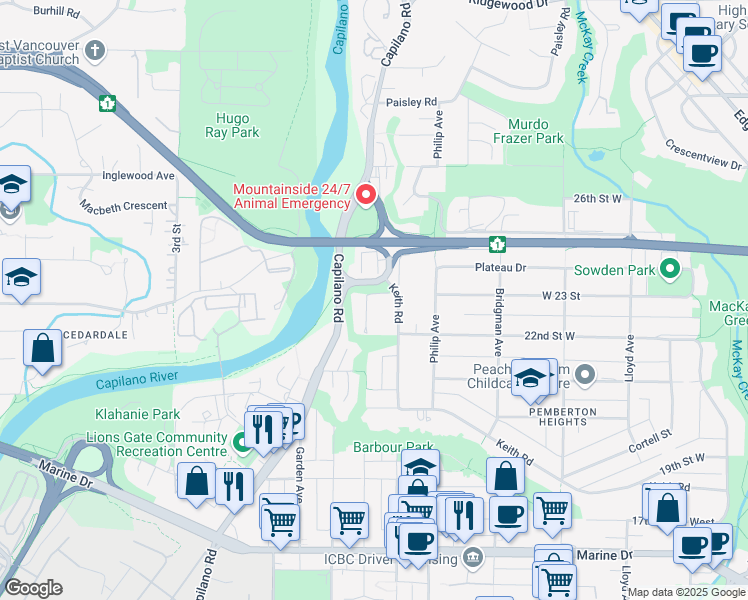 map of restaurants, bars, coffee shops, grocery stores, and more near 2294 Bowser Avenue in North Vancouver