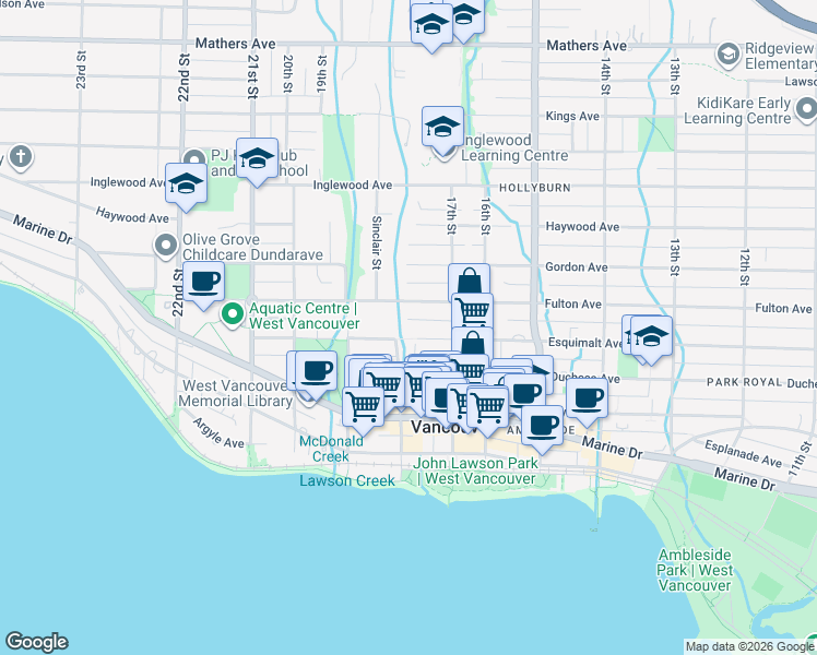 map of restaurants, bars, coffee shops, grocery stores, and more near 1785 Esquimalt Avenue in West Vancouver