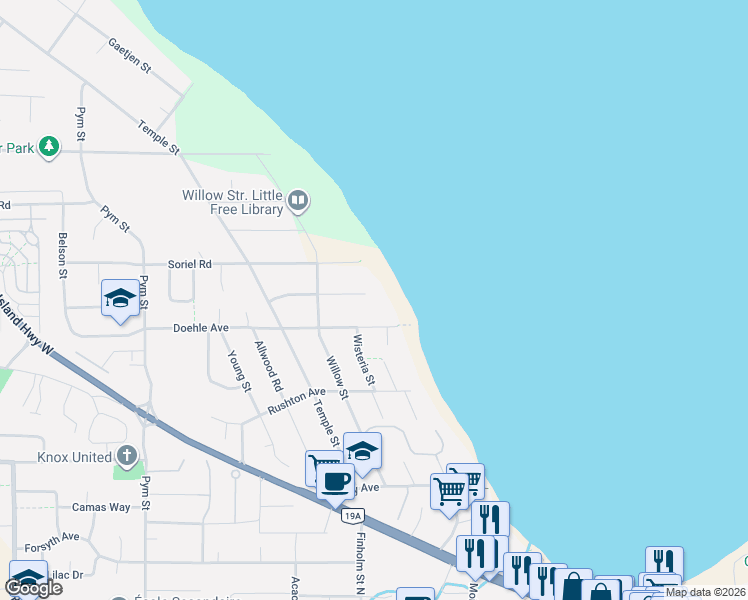 map of restaurants, bars, coffee shops, grocery stores, and more near 506 Panorama Place in Parksville