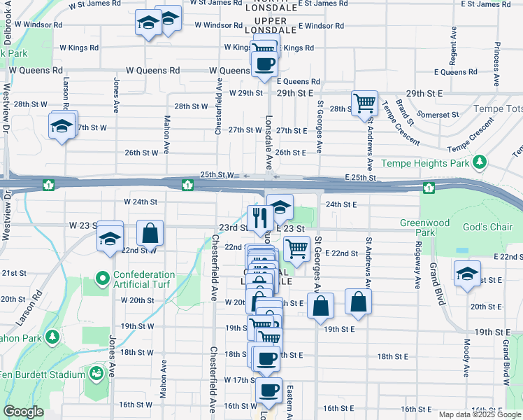 map of restaurants, bars, coffee shops, grocery stores, and more near 2345 Lonsdale Avenue in North Vancouver