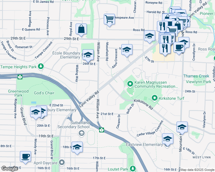 map of restaurants, bars, coffee shops, grocery stores, and more near 2333 Kirkstone Road in North Vancouver