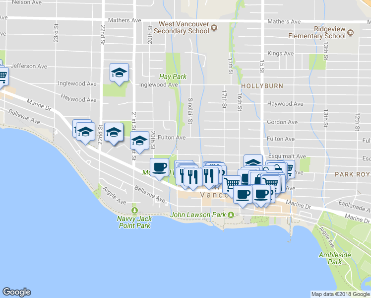 map of restaurants, bars, coffee shops, grocery stores, and more near 1873 Esquimalt Avenue in West Vancouver