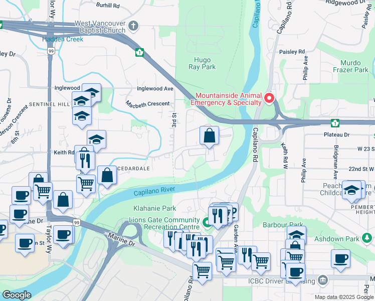 map of restaurants, bars, coffee shops, grocery stores, and more near 2016 Fullerton Avenue in West Vancouver