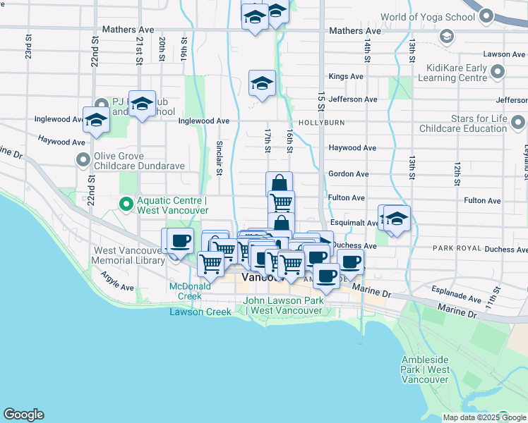 map of restaurants, bars, coffee shops, grocery stores, and more near in West Vancouver