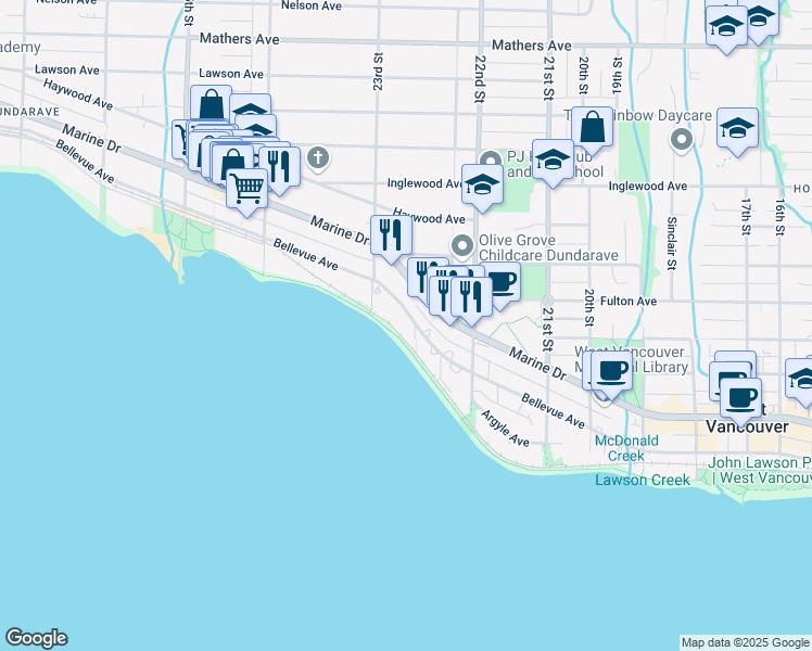 map of restaurants, bars, coffee shops, grocery stores, and more near in West Vancouver