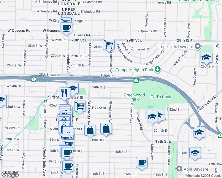 map of restaurants, bars, coffee shops, grocery stores, and more near 349 24th Street East in North Vancouver