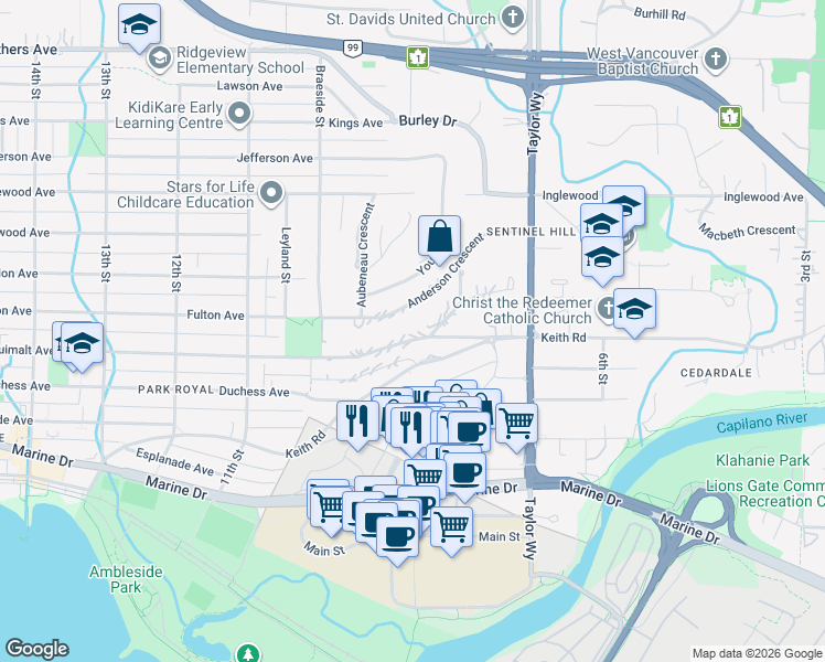 map of restaurants, bars, coffee shops, grocery stores, and more near 875 Esquimalt Avenue in West Vancouver