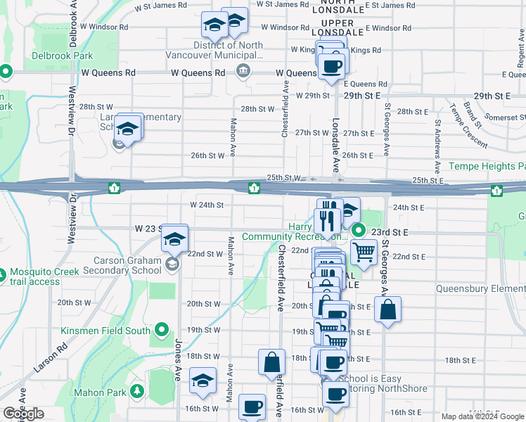 map of restaurants, bars, coffee shops, grocery stores, and more near 225 West 24th Street in North Vancouver