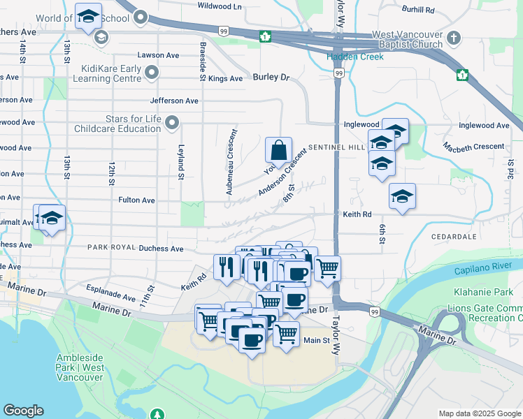 map of restaurants, bars, coffee shops, grocery stores, and more near 875 Esquimalt Avenue in West Vancouver