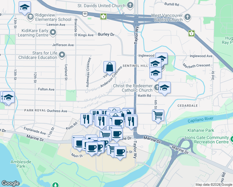 map of restaurants, bars, coffee shops, grocery stores, and more near 785 Esquimalt Avenue in West Vancouver