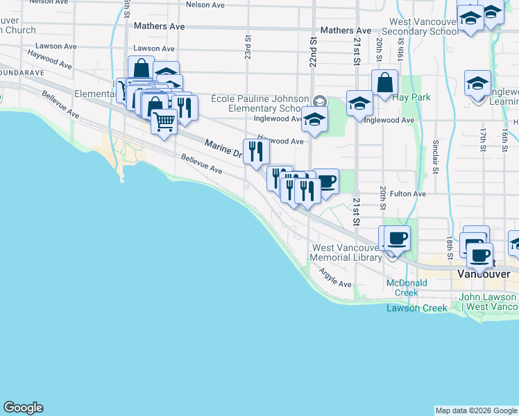 map of restaurants, bars, coffee shops, grocery stores, and more near 2280 Bellevue Avenue in West Vancouver