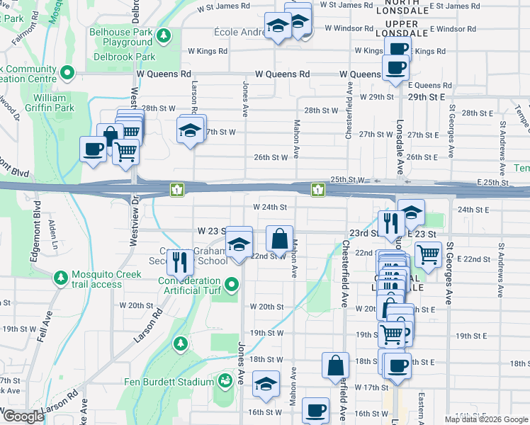 map of restaurants, bars, coffee shops, grocery stores, and more near 341 West 24th Street in North Vancouver