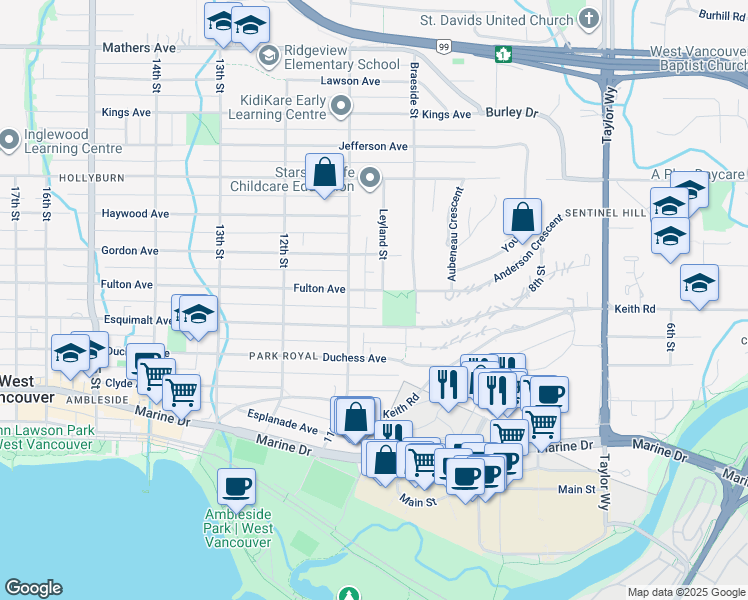 map of restaurants, bars, coffee shops, grocery stores, and more near 1066 Fulton Avenue in West Vancouver