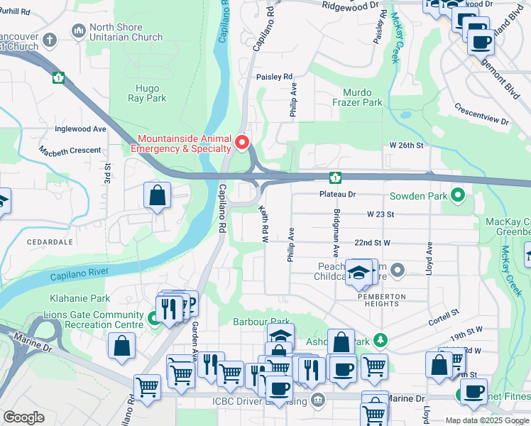 map of restaurants, bars, coffee shops, grocery stores, and more near 4341 Keith Road in North Vancouver