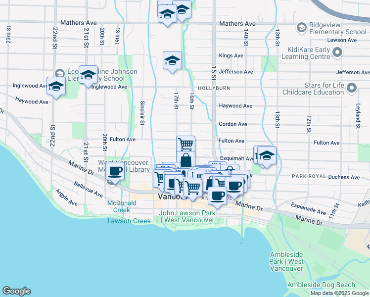 map of restaurants, bars, coffee shops, grocery stores, and more near Varley Lane in West Vancouver