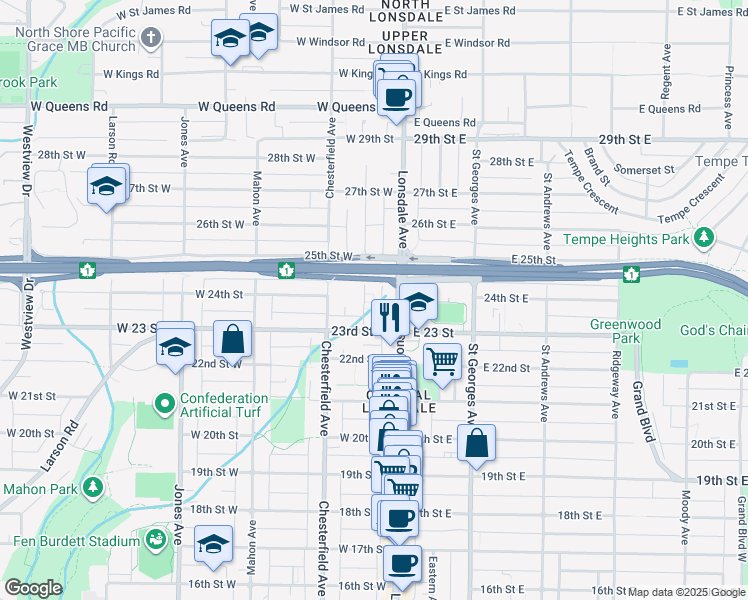 map of restaurants, bars, coffee shops, grocery stores, and more near 2358 Western Avenue in North Vancouver