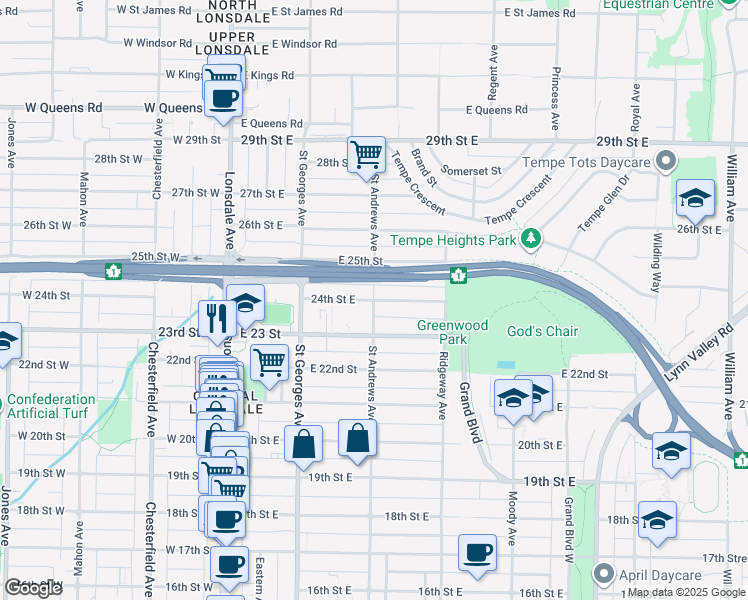 map of restaurants, bars, coffee shops, grocery stores, and more near 24th Street East in North Vancouver