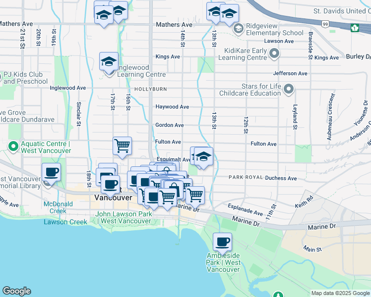 map of restaurants, bars, coffee shops, grocery stores, and more near 780 14th Street in West Vancouver